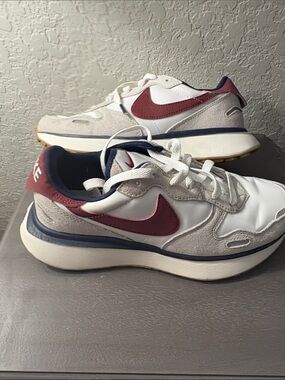 Nike Phoenix Waffle White Sneakers with Burgundy Swoosh and Navy Lining